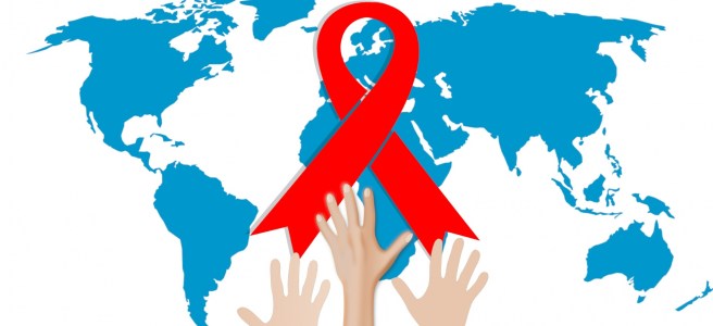 A red ribbon with hands over a world map
