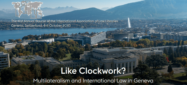 IALL banner, featuring a photo of Geneva, the UN, the Jet d'eau, and other international organisations